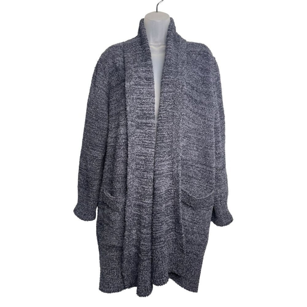 Barefoot Dreams CozyChic SZ L Open Front Knit Cardigan Sweater Pockets Blue Gray